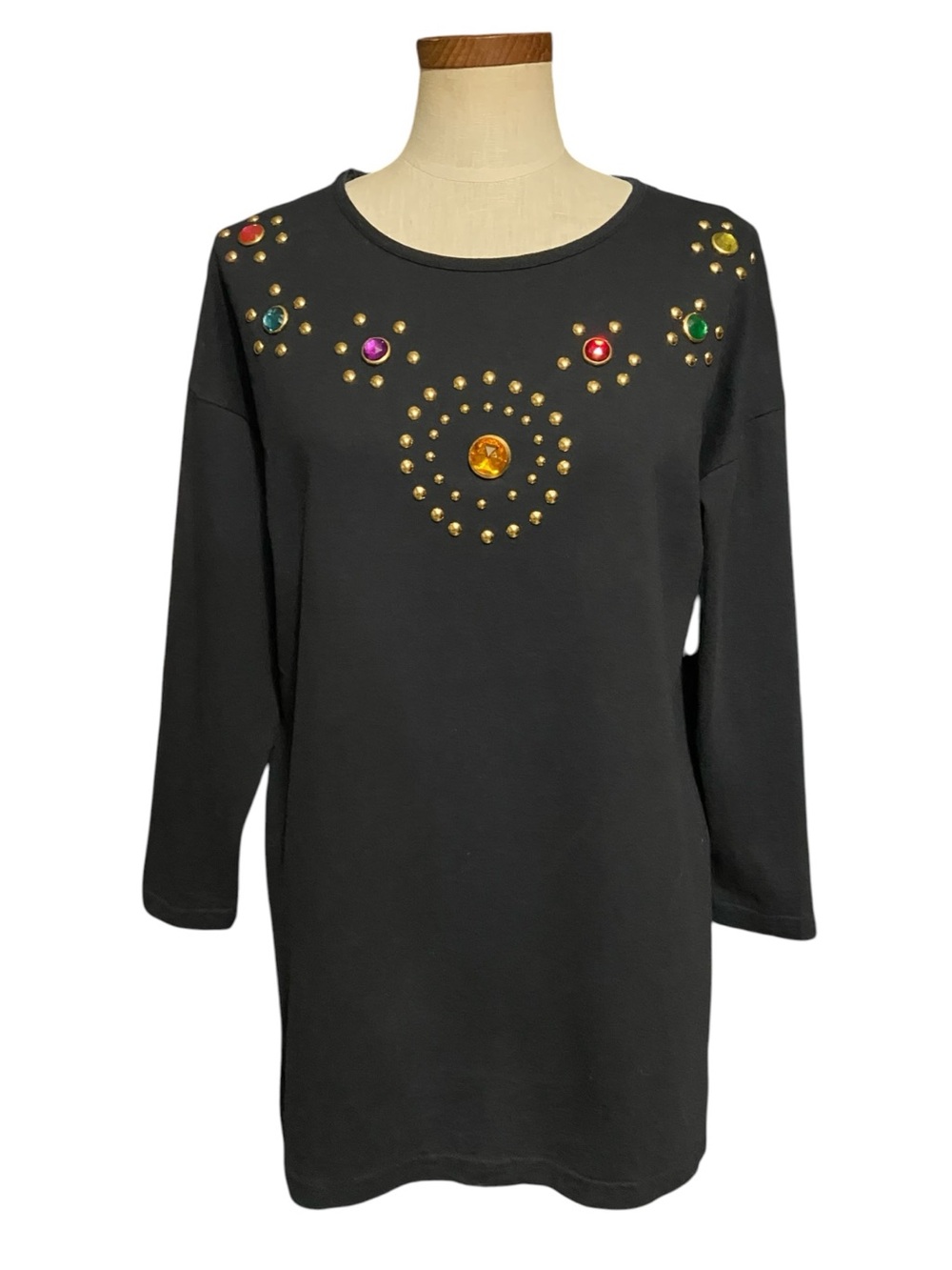Vintage Ton Ton Black Top With Colorful Gemstone And Gold Stud Embellishments
